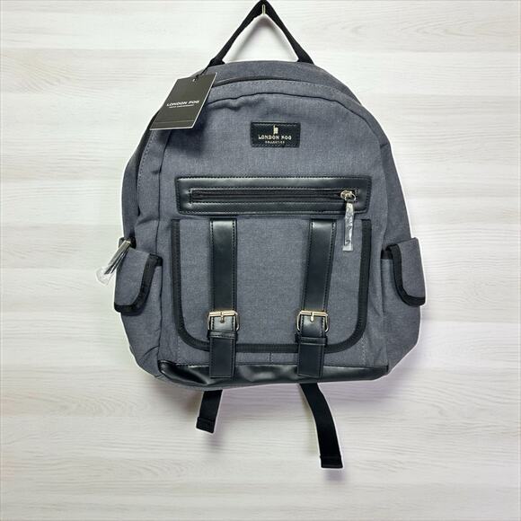 London Fog Collection Gray & Black Denim Canvas Book Bag Corporate Backpack NWTs - Picture 1 of 6